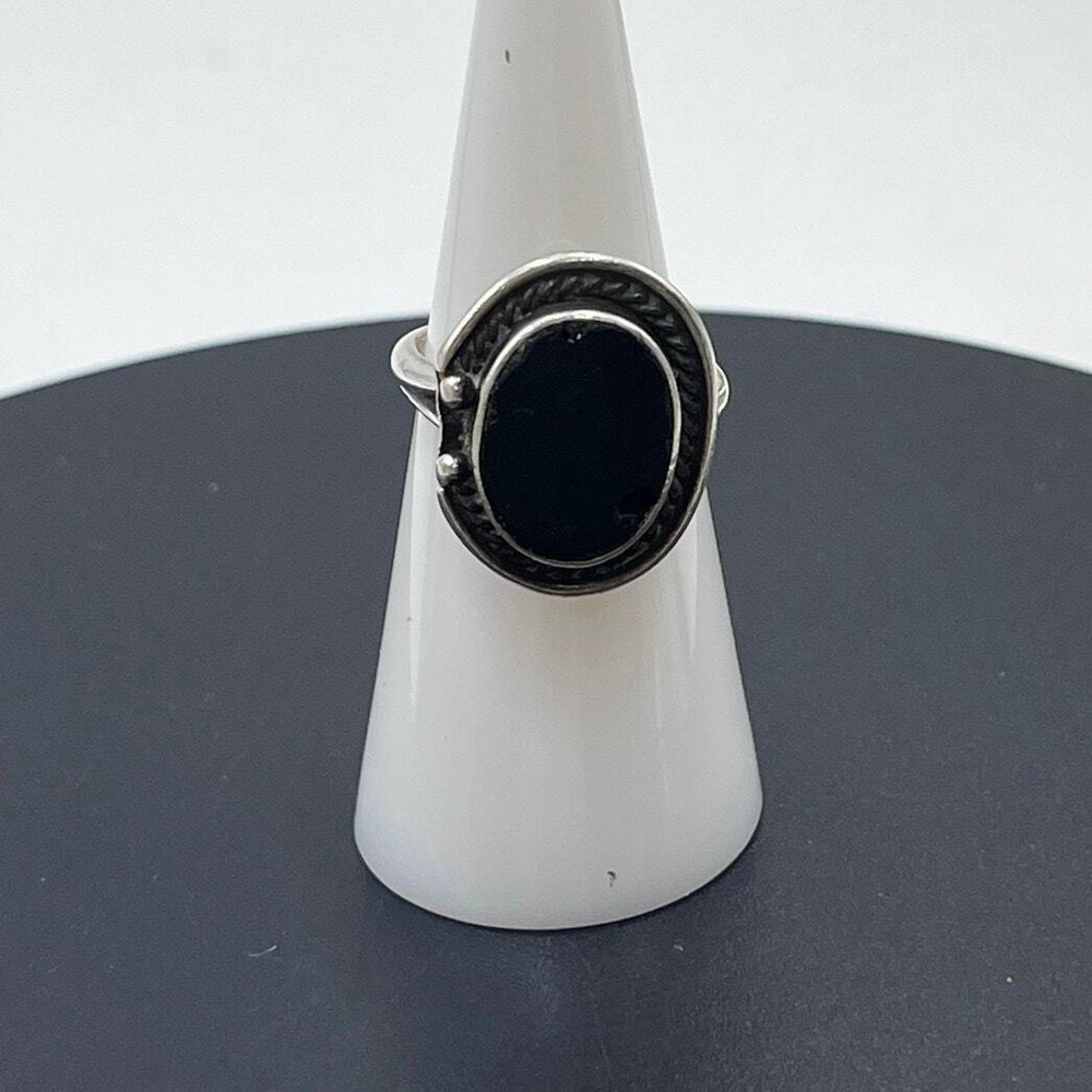 Vintage Designer‎ Signed Mexico Sterling Silver Black Stone Oval Ring Size 6.75